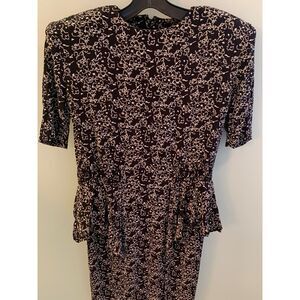 Vintage Jackie Bernard EKELKTIC Black Floral Print Peplum Dress Made in USA Sz 8